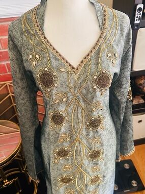 Embroidered V-Neck Long Sleeve Dress in Sage Green with Gold Accents